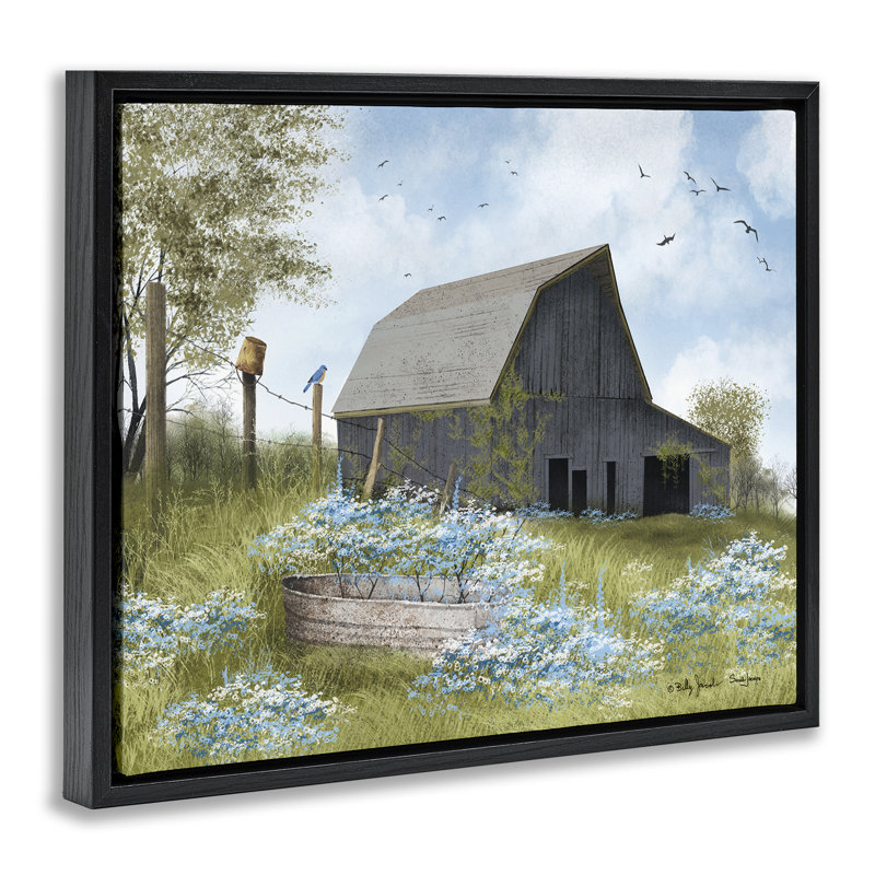 "Blue Floral Country Garden", art mural sur toile flottante par Billy Jacobs, H 17 po x l 21 po, Cadre flottant noir de jais