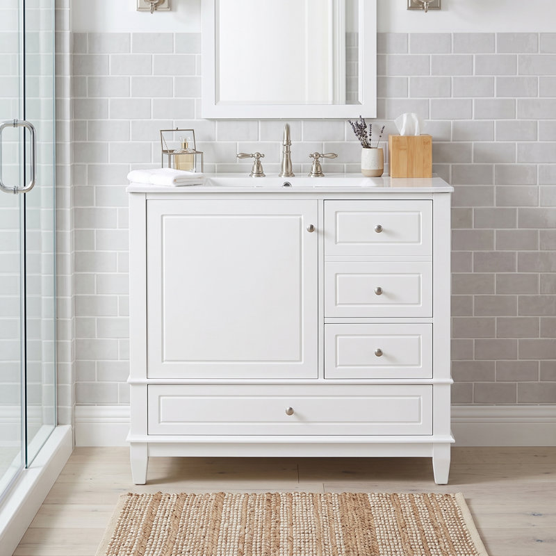 Meuble-lavabo autoportant de 91 cm (36 po) en bois massif et MDF blanc avec lavabo en céramique intégré et rangement, Blanc