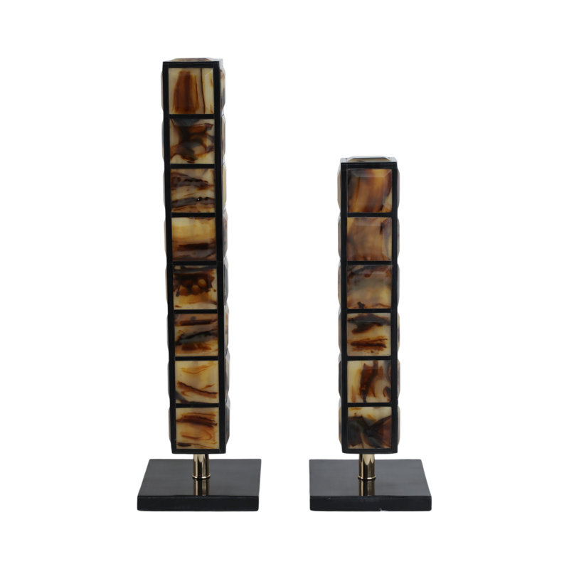 Decorative Geometric Column Sculptures with Square Accents, Brown