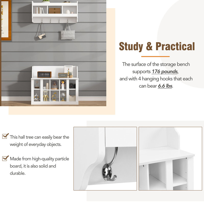 ON-TREND Shoe Storage Bench With Shelves And 4 Hooks, Elegant Hall Tree With Wall Mounted Coat Rack, Entryway Organizer For Hallway, Foyer, Mudroom, White