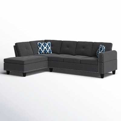 98" Wide Dark Gray Linen Left Hand Facing 2 - Piece L Shaped & Chaise, Round Arms, Back Pillows, Nailhead Trim, Spring Supported Foam Cushions With Tied, Removable Backs, Seats Five, Two Accent