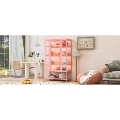 67.25'' Tall Iron Display Cabinet With Glass Door And LED Lights Steel Curio Cabinet For Collectibles Figures Trophies 3-Sided Glass Display Case For Home Office Study Room Stores Playroom - Pink