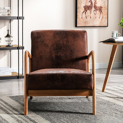 Fauteuil de style Mid-Century moderne brun avec finition, revêtement en microfibre et coussin en mousse pour la chambre à coucher de 25,57 po de largeur dans la chambre à coucher ou le salon, 25,21 lb, profondeur 33,28 po