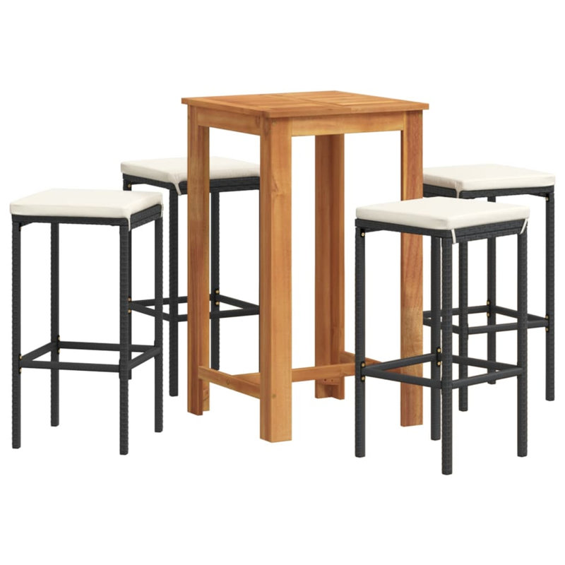 Ensemble de bar de patio 5 pièces Wildon Home® en bois massif noir d'acacia et de rotin poly, Blanc, Noir