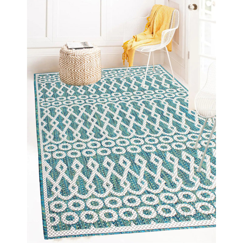 Tapis bleu sarcelle intérieur / extérieur 1870, Rectangle 5 x 7