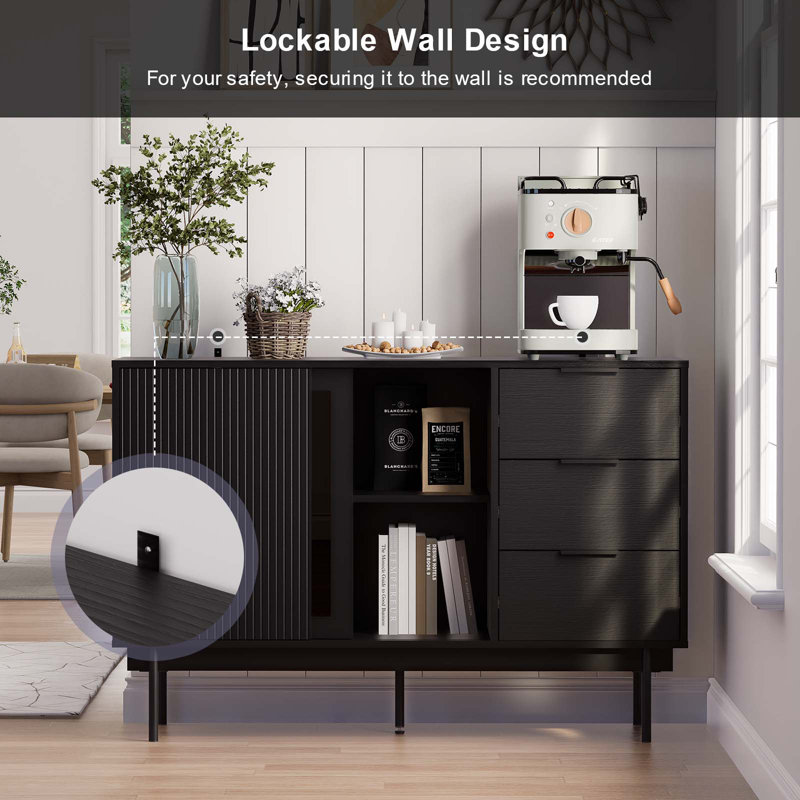 Black Wood Sideboard with Sliding Doors and Drawers, 47" x 31.5"