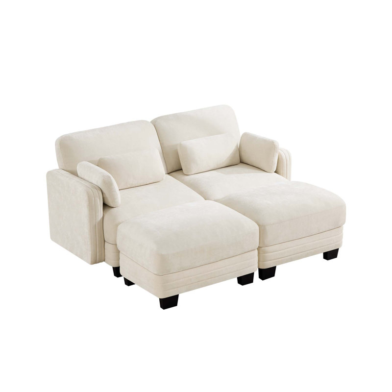 Canapé d'angle modulaire capitonné avec poufs amovibles, Beige Chenille