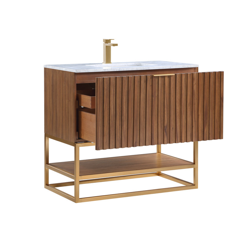 Terra 36'' Single Bathroom Vanity with Top, Carrara Marble/Single Faucet Mount, Walnut, Satin Brass