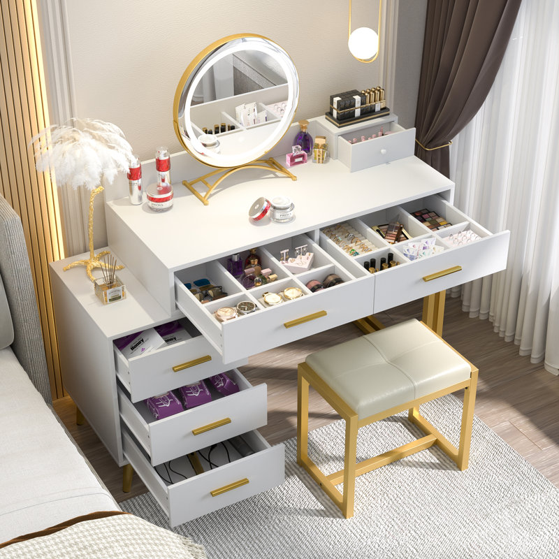Meuble-lavabo avec miroir et tabouret Foivos, Blanc
