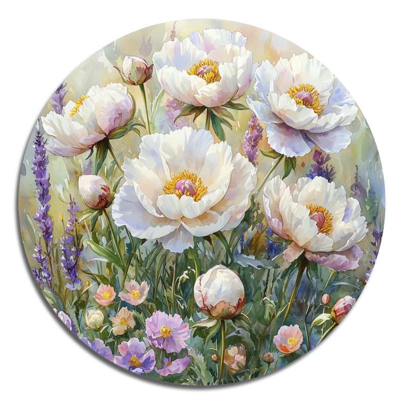Pivoines dans un champ de fleurs sauvages II - Décoration murale traditionnelle en métal blanc, H 16 po x l 16 po