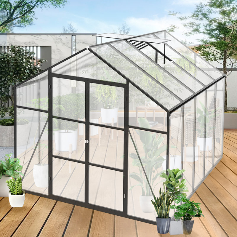 Serre toutes saisons 8 pi x 10 pi - Fabrication en aluminium, revêtement en polycarbonate, format de plain-pied, protection, plantation spacieuse, installation facile, système de drainage efficace pour l'extérieur