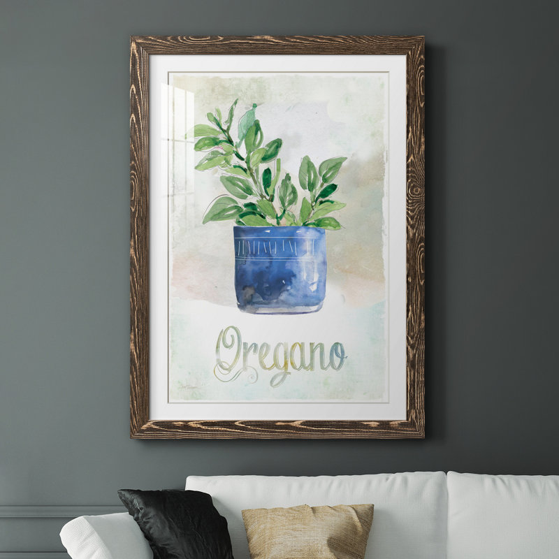 Origan en pot - peinture, Papier, cadre noyer, H 20 po x l 17 po x P 1,5 po