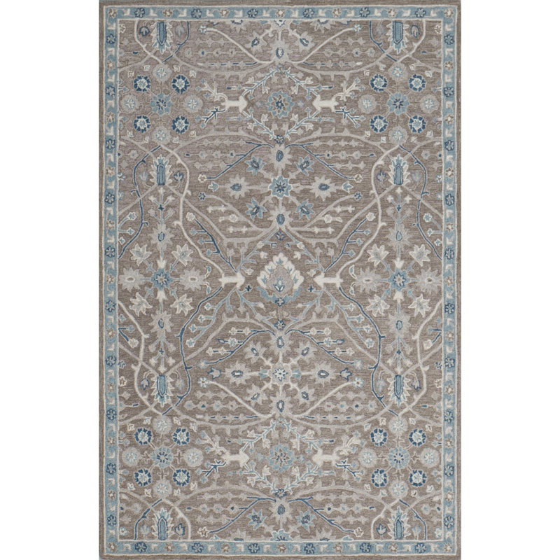 Wren Hand Tufted Wool Floral/Oriental Area Rug in Timber/Beige/Blue, Rectangle 5'6" x 8'6"