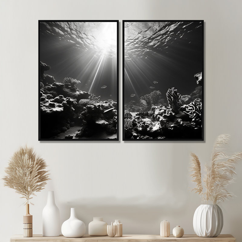 Photo sous-marine corail noir et blanc - décoration murale bord de mer bleu, H 36 po x l 48 po, Impression encadrée flottante