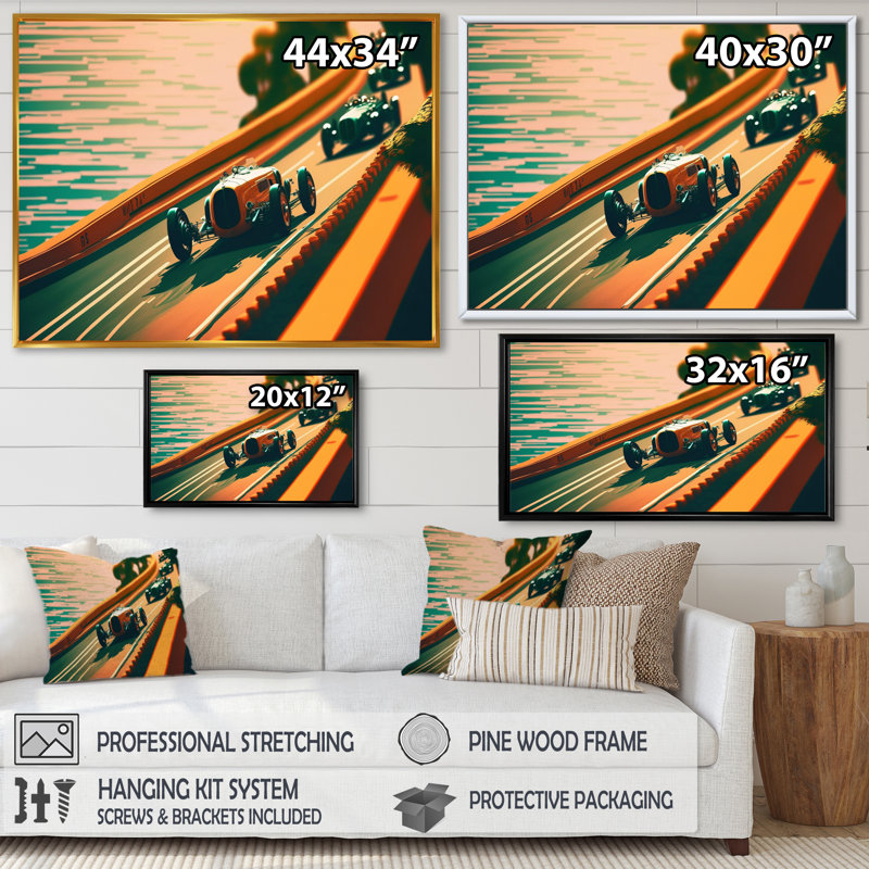 «Retro Race Car In Tropical Street Race II», reproduction sur toile, H 24 po x l 32 po x P 1 po, Toile à cadre flottant noir