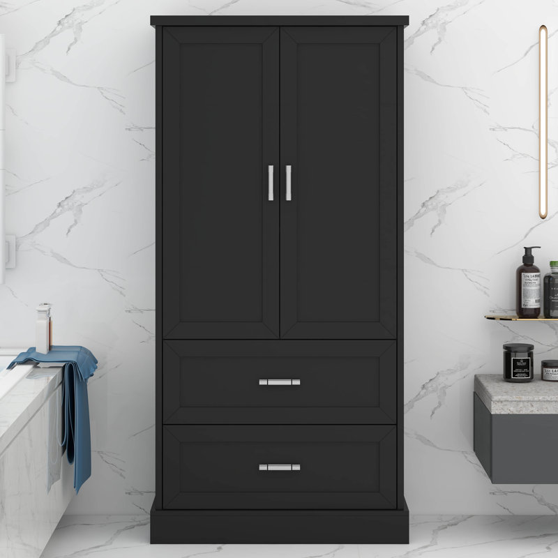 Tall Storage Cabinet, Bathroom Floor Freestanding Storage Cabinet With 2 Doors, 2 Drawers, And Adjustable Shelf, Black