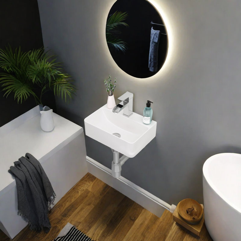 White Ceramic Rectangular Wall-Mount Bathroom Sink