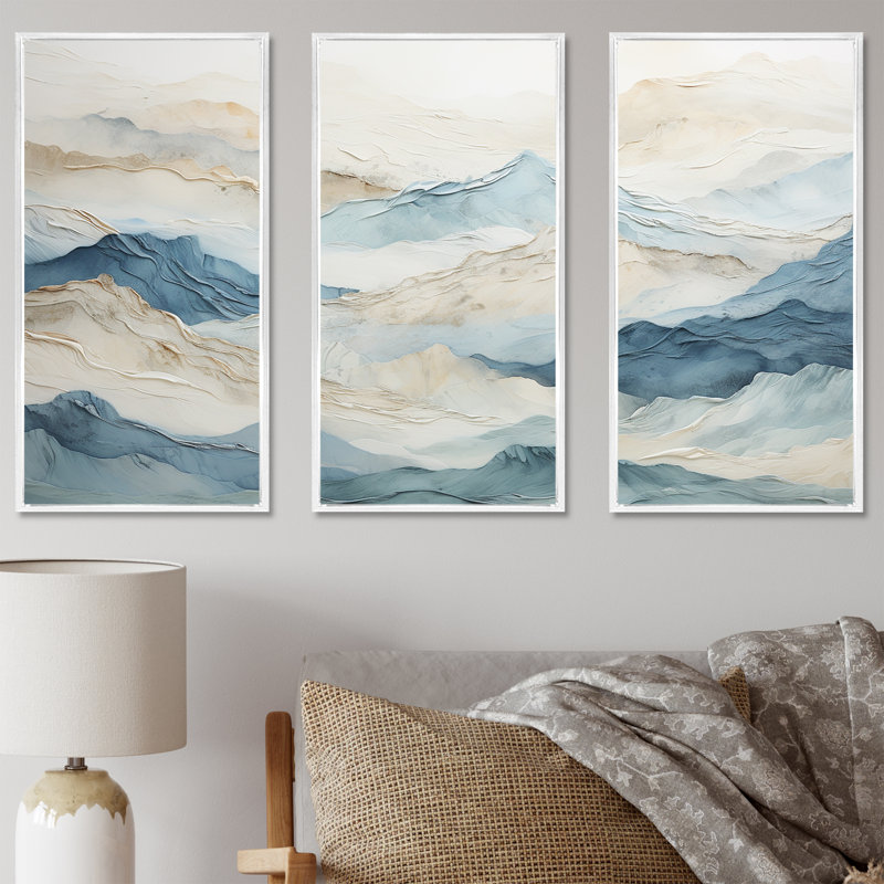 Minimalisme gris et bleu, brise de montagne, Cadre flottant blanc, H 28 po x l 36 po x P 1 po