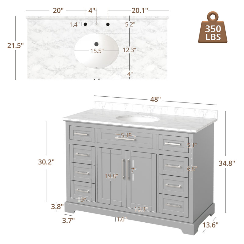 Gray 48'' Single Bathroom Vanity with Engineered Marble Top