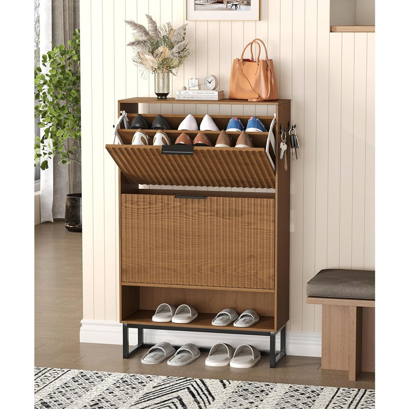 Narrow Hidden Shoe Storage Cabinet With Metal Legs, 2 Flip Drawers, Slim Shoe Organizer For Entryway, Hallway, Living Room, Walnut