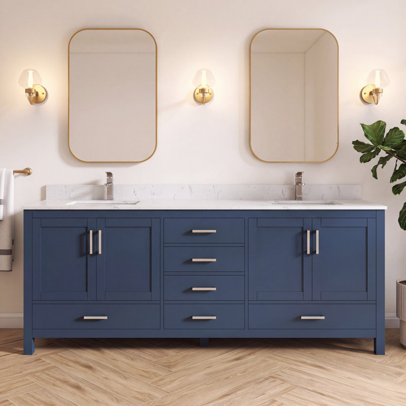 Meuble-lavabo double Felix 84'' entièrement assemblé avec comptoir et dosseret en marbre reconstitué, Bleu, 84"