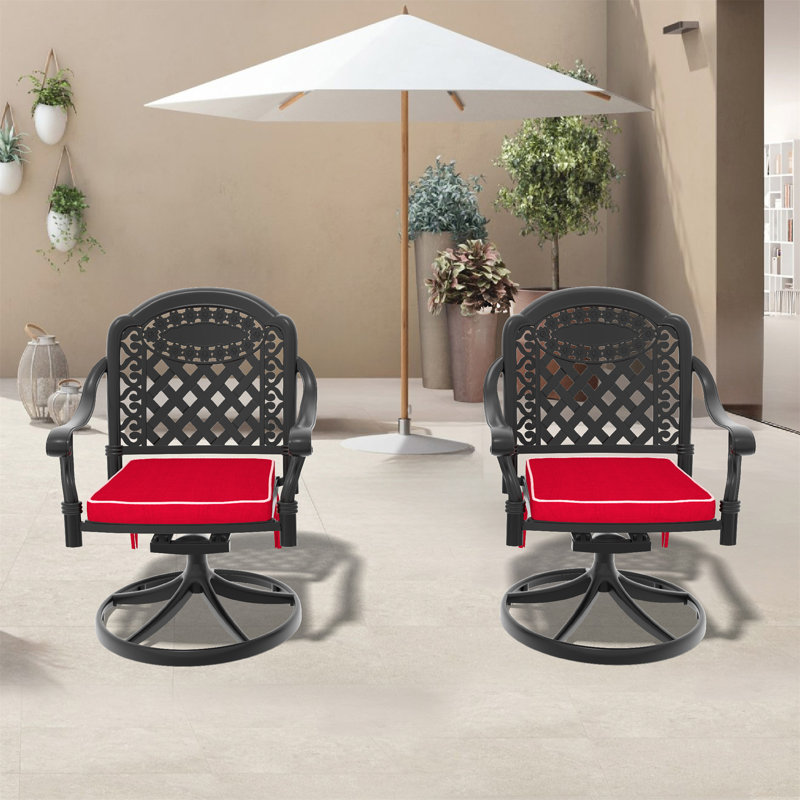 Chaise de patio pivotante en fonte d'aluminium 2 pièces avec structure noire et coussins de couleurs aléatoires