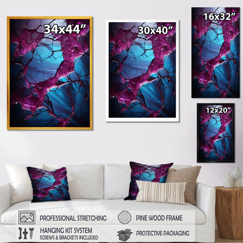 Bleu et mauve sans soudure Marble River III - décoration murale abstraite, Cadre flottant doré, H 32 po x l 16 po x P 1 po