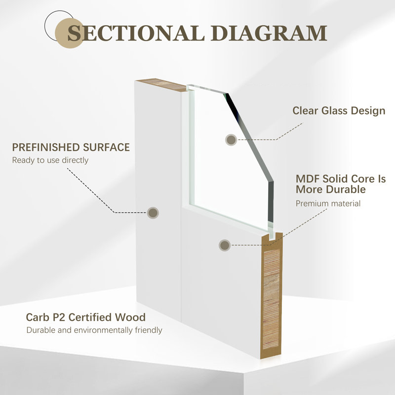 Dalle de porte 5 pièces en verre transparent fabriquée en bois blanc apprêté avec dalle de porte intérieure (sans charnière et quincaillerie d'installation / poignées)