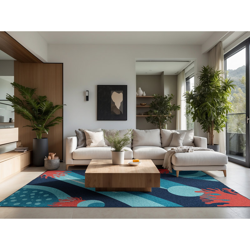 Soft Plush Beecher Great Barrier Reef Contemporary Arc Area Rug in Green – Navy Binding, 7x10