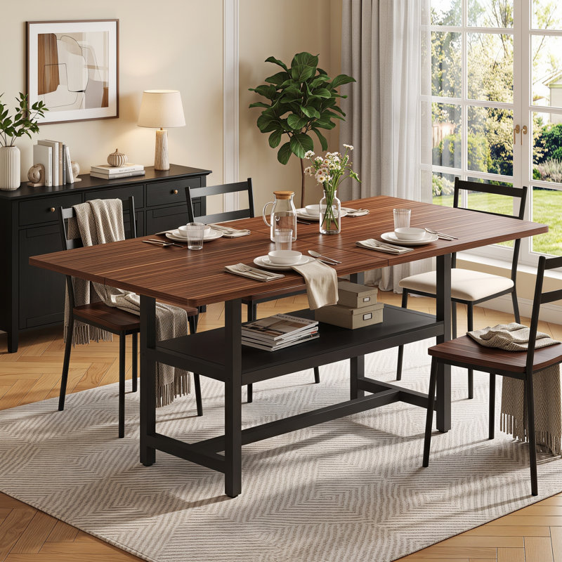Table de salle à manger rectangulaire de 180 cm avec tablette de rangement, plateau en MDF et structure en métal