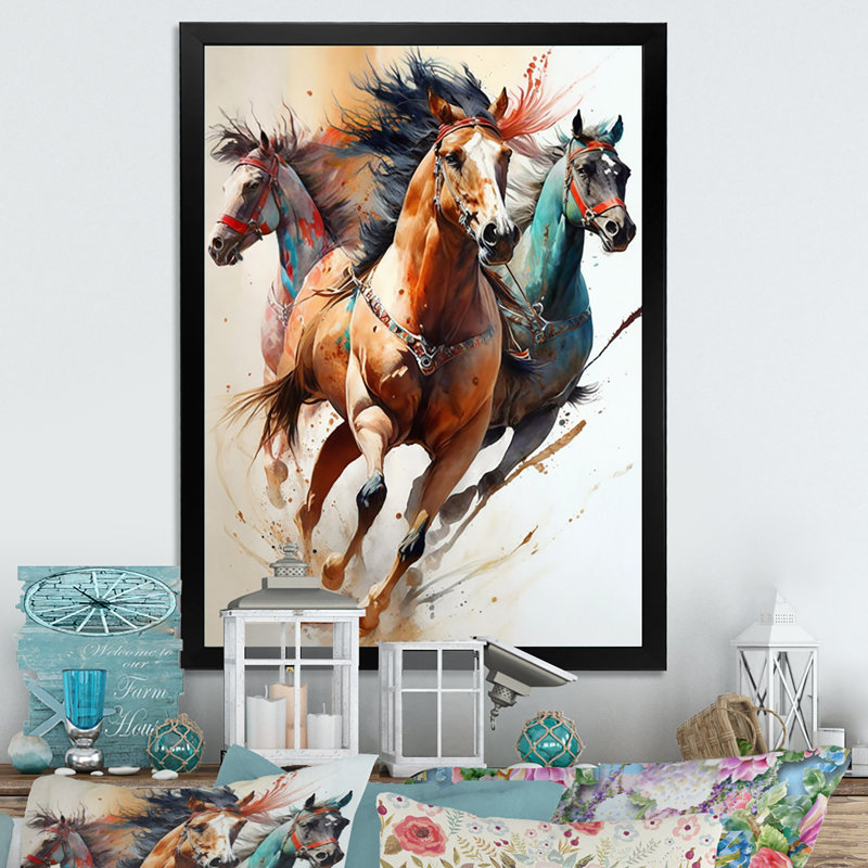 Troupeau de chevaux qui courent III - reproduction sur toile, L 12 po x H 20 po, Impression noire sur toile encadrée