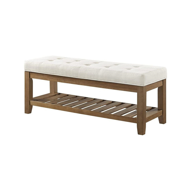 Large Rectangular Upholstered Tufted Linen Ottoman Bench, Padded Bench With Solid Wood Shelf-Ivory