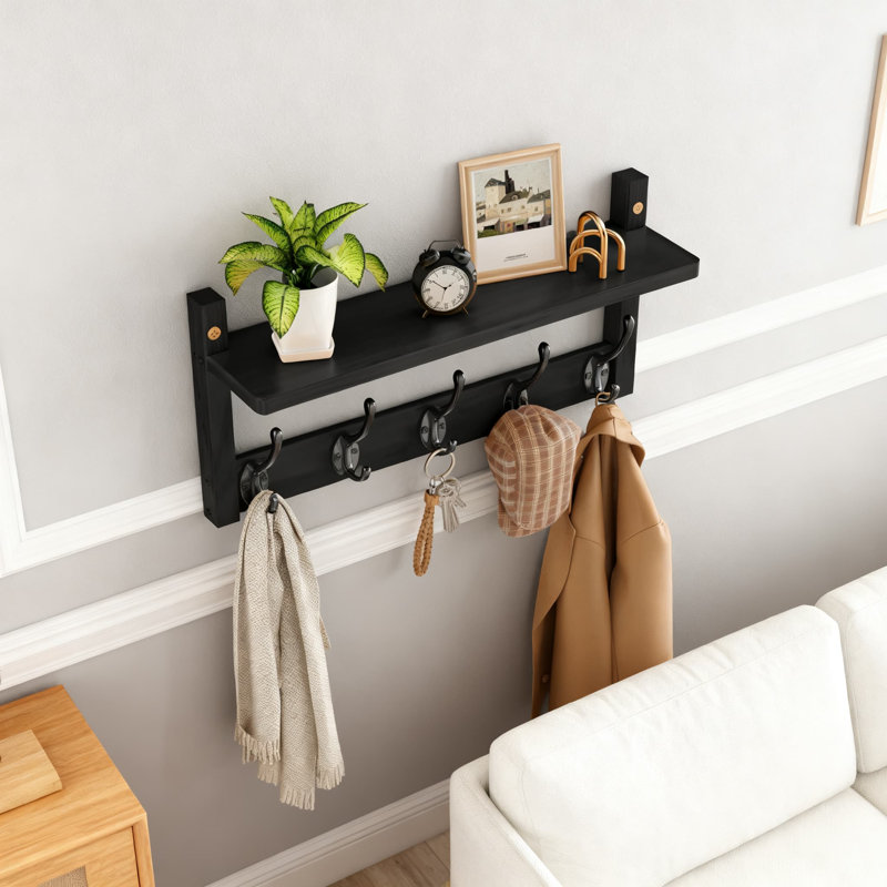 Portemanteau mural avec tablette, organisateur en bambou à 5 crochets pour le vestibule, la salle de bain, la cuisine et le salon, solution de rangement peu encombrante