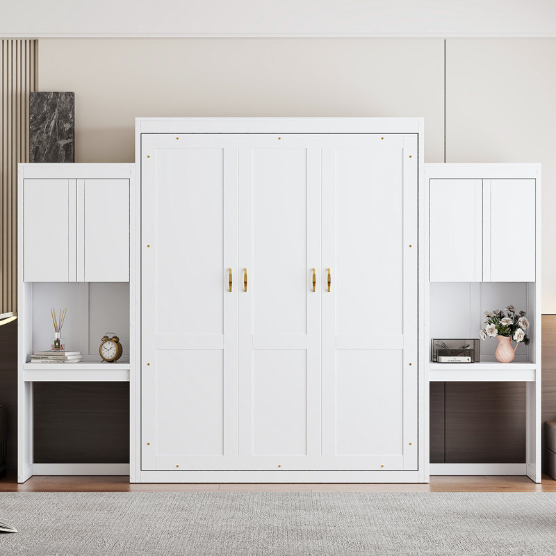 Grand lit escamotable avec bureau, coiffeuse et armoires, blanc