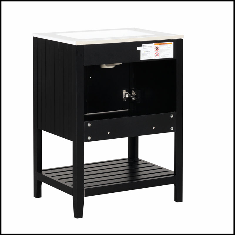 Meuble-lavabo moderne de 24 pouces avec lavabo en céramique élégant, structure en bois massif et tablette ouverte pour un rangement amélioré