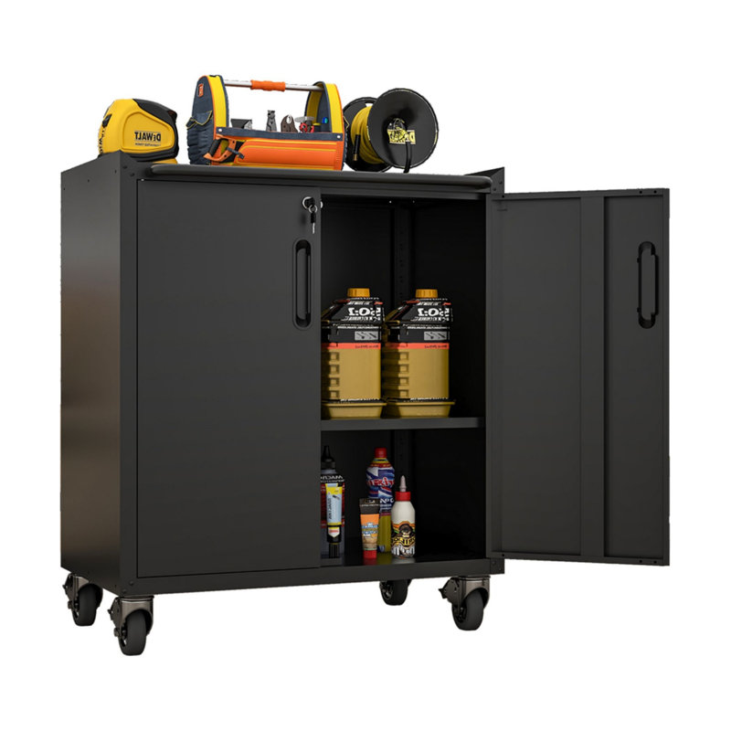 Heavy-Duty Metal Garage Storage Cabinet (With Wheels), Suitable For Garages And Offices, Black