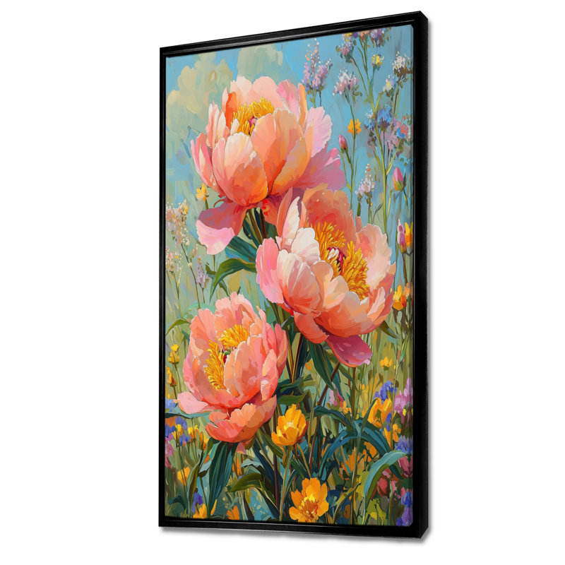 Pivoines dans la fleur sauvage, patch II - pivoines, art mural, H 60 po x l 28 po, Reproduction avec cadre flottant, Noir