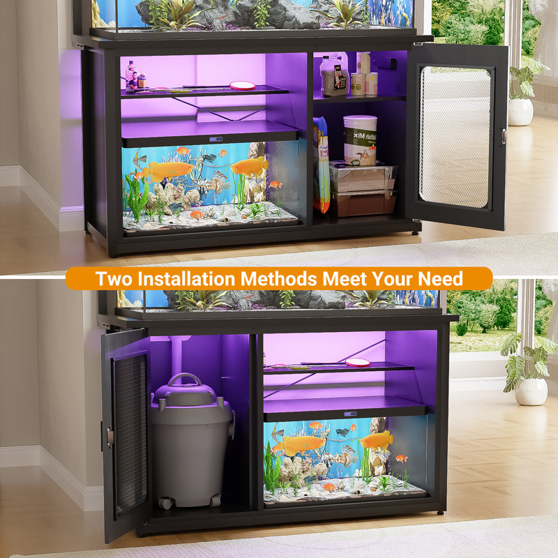Reversible 55-75 Gallon Fish Tank Stand With Cabinet And Shelf, Black