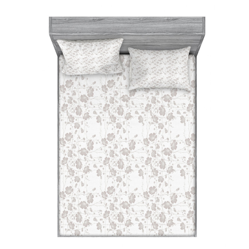 Microfiber Geometric Sheet Set, Full Sheet Set + Fitted Sheet + 2 Pillowcases, White/Gray, Floral
