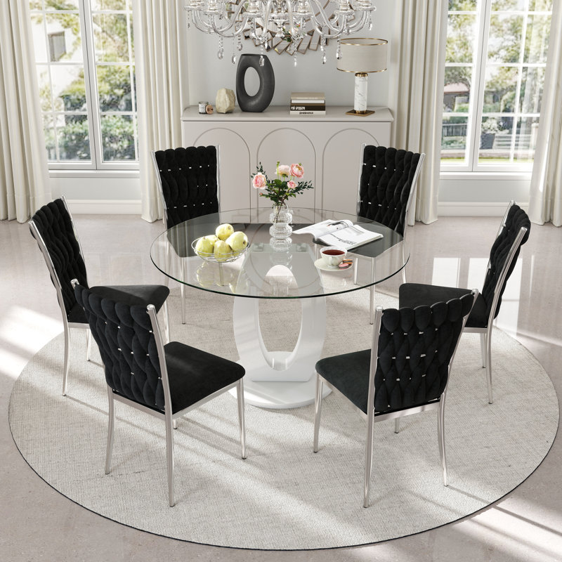 Table de salle à manger ronde en verre, table à piédestal en forme de O avec chaises rembourrées en velours, 7, Gris, Argent