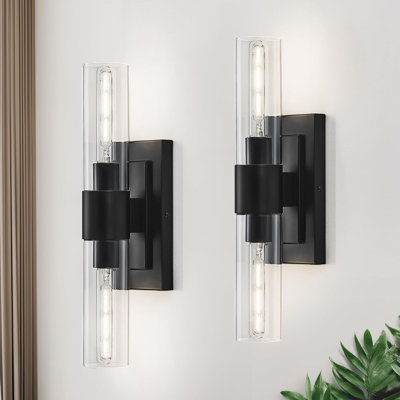 Ensemble de 2 appliques murales noires de 19 po, 2 luminaires de salle de bain modernes, 2 lumières de meuble-lavabo pour miroir, applique murale pour installation murale pour chambre à coucher avec base en verre transparent E26