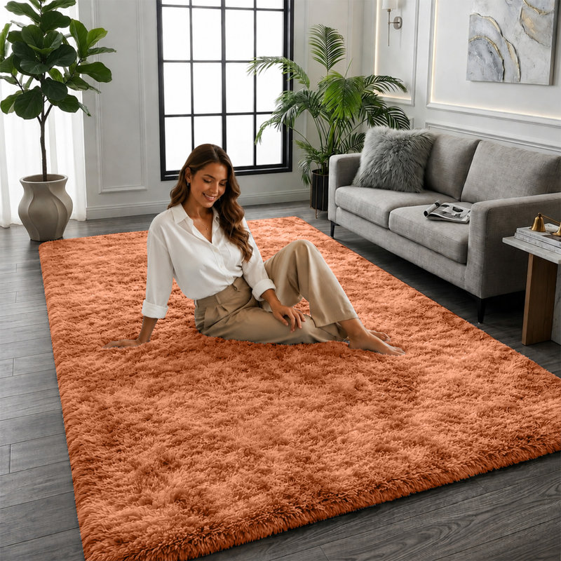 Machine Tufted Rust Indoor Shagg Area Rug-Luxurious Burnt Orange Shaggy Carpet, Rectangle 120 x 170 cm