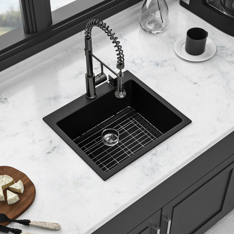 Évier en quartz noir 25 x 22 po, en composite haut avec des surfaces ultra-lisses et hygiéniques pour une cuisine propre - 25 x 22 po noir, lisse