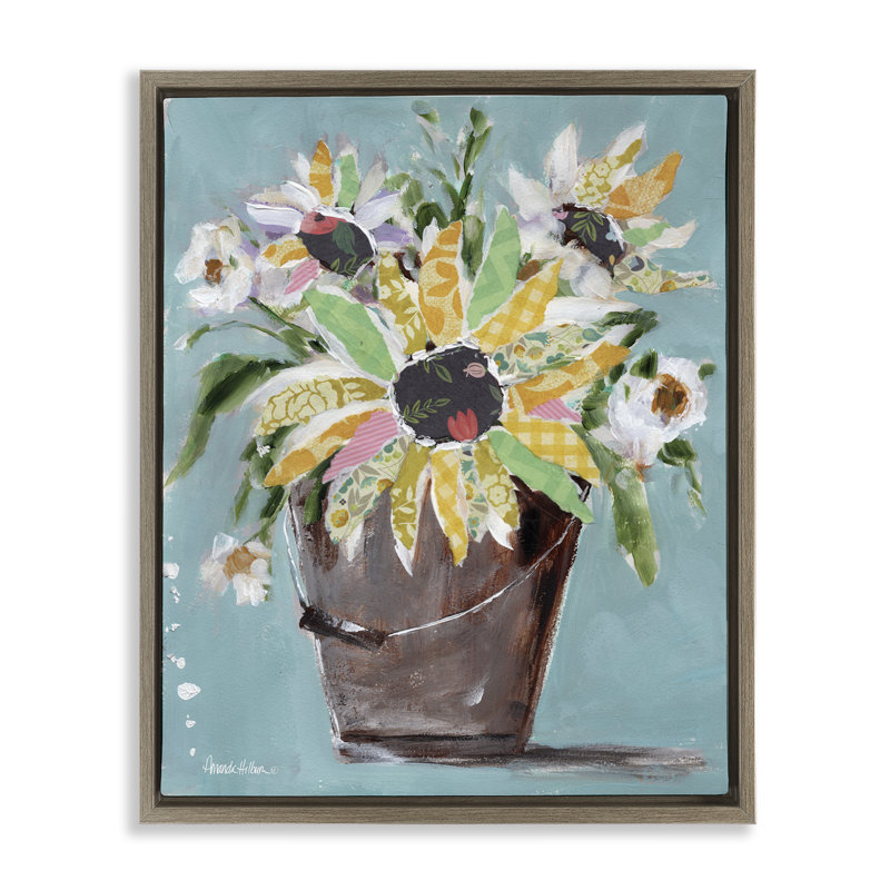 "Flower Bucket Bouquet", art mural sur toile flottante noire par Amanda Hilburn, Cadre flottant orme Montalcino