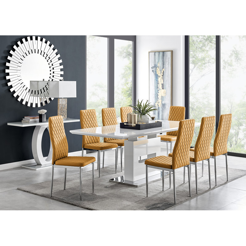 Eubanks Extendable Dining Set with 8 Chairs, Mustard, Silver