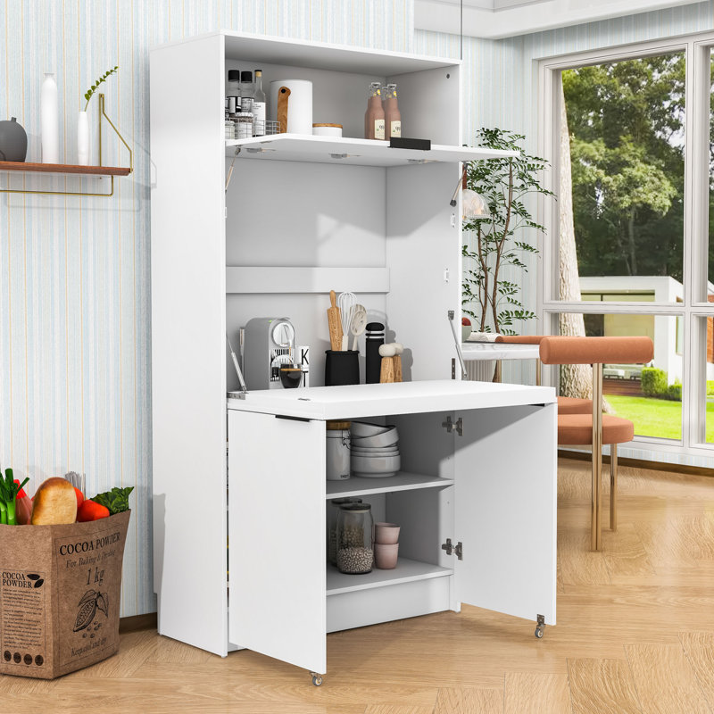 Garde-manger compact avec huche, poste de travail pliable, tablette réglable et prise de courant, Blanc