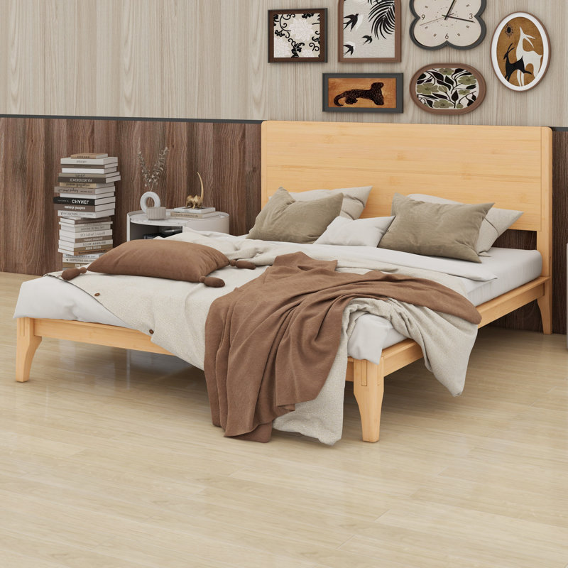 Lit plateforme moderne en bois avec support à lattes, Naturel, Grand lit