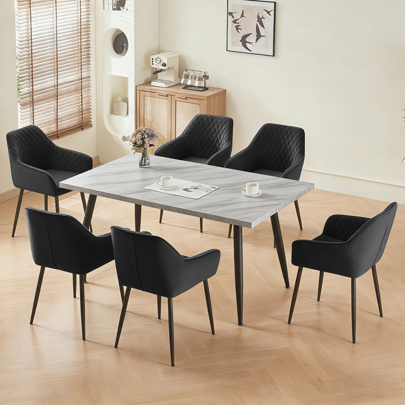 6 Person Dining Set 150Cm Long Marble Pattern Table And Velvet Armchairs, Black