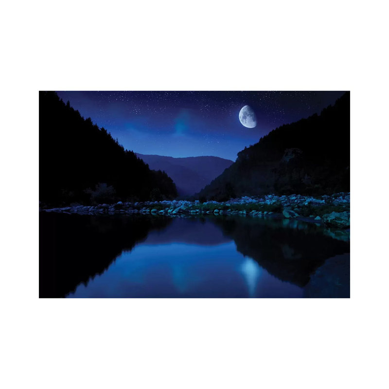 Lune se levant au-dessus d'un lac tranquille et d'une forêt contre le ciel étoilé, la bulgarie par Evgeny Kuklev - photographie sur toile tendue