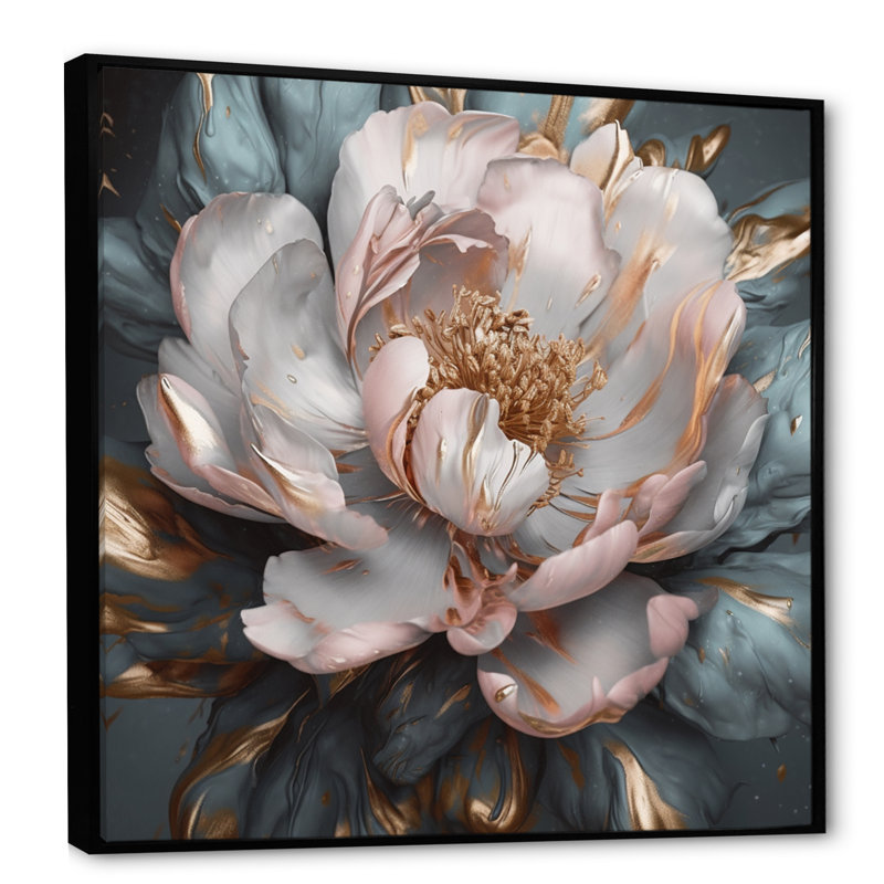 Pivoines roses et grises en fleurs I - impressions florales sur pivoines, H 30 po x l 30 po, Cadre flottant noir
